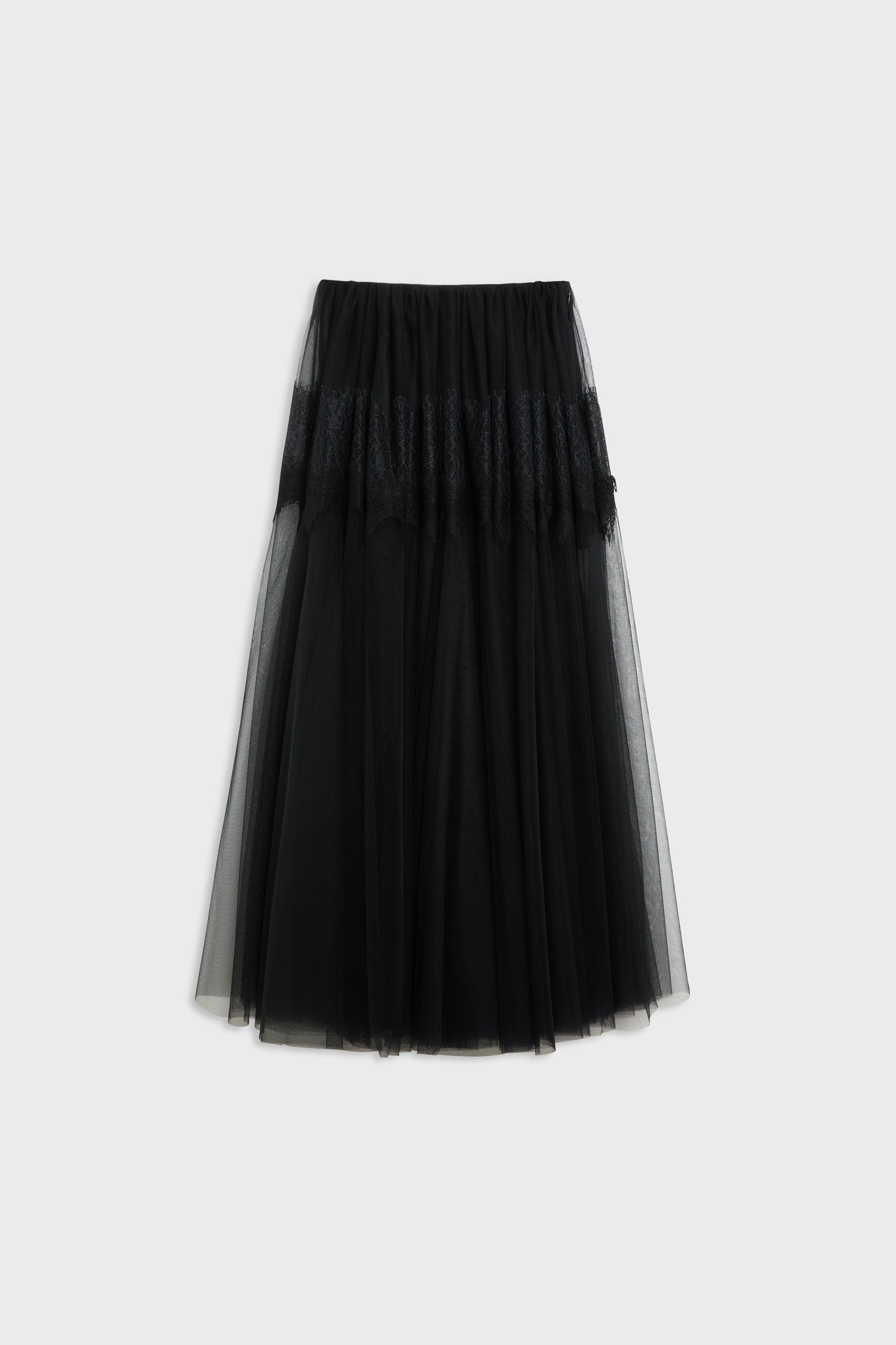 A black pleated tulle midi skirt with a smocked waistband, shown against a plain light gray background.