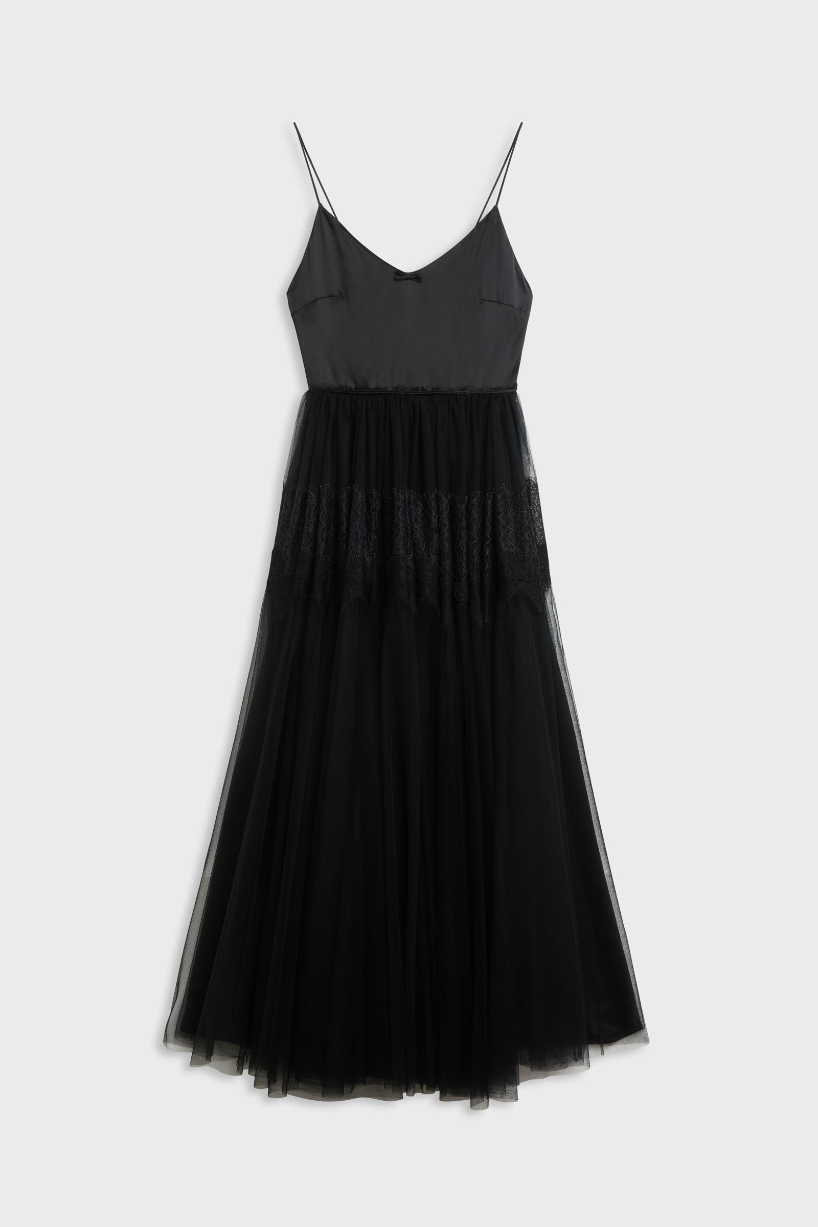 A black spaghetti-strap midi dress with a structured bodice and a layered, tiered tulle skirt, shown against a light gray background.