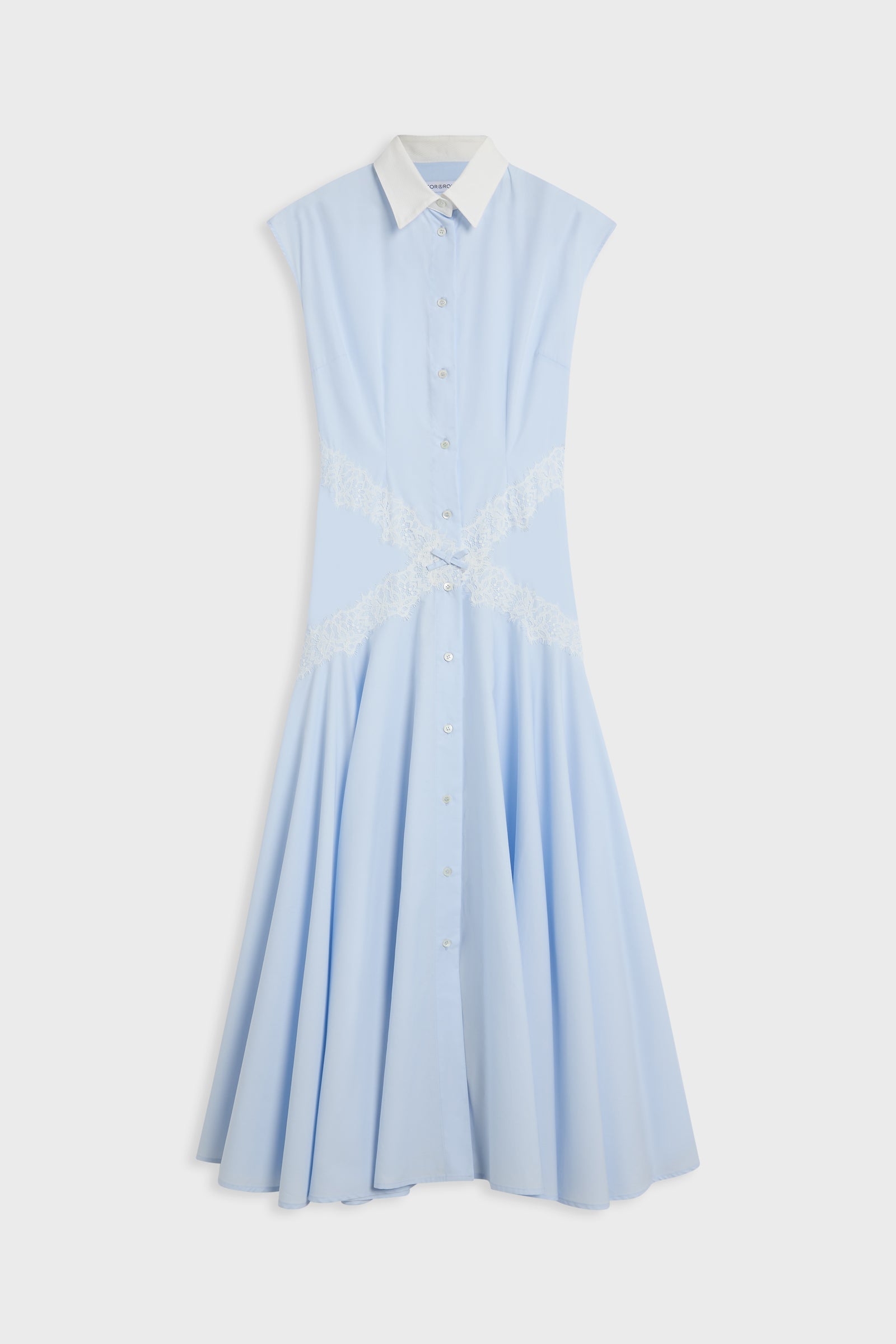 A light blue sleeveless shirt dress with a white pointed collar, button front, and a white lace criss-cross detail at the waist, shown against a light gray background.
