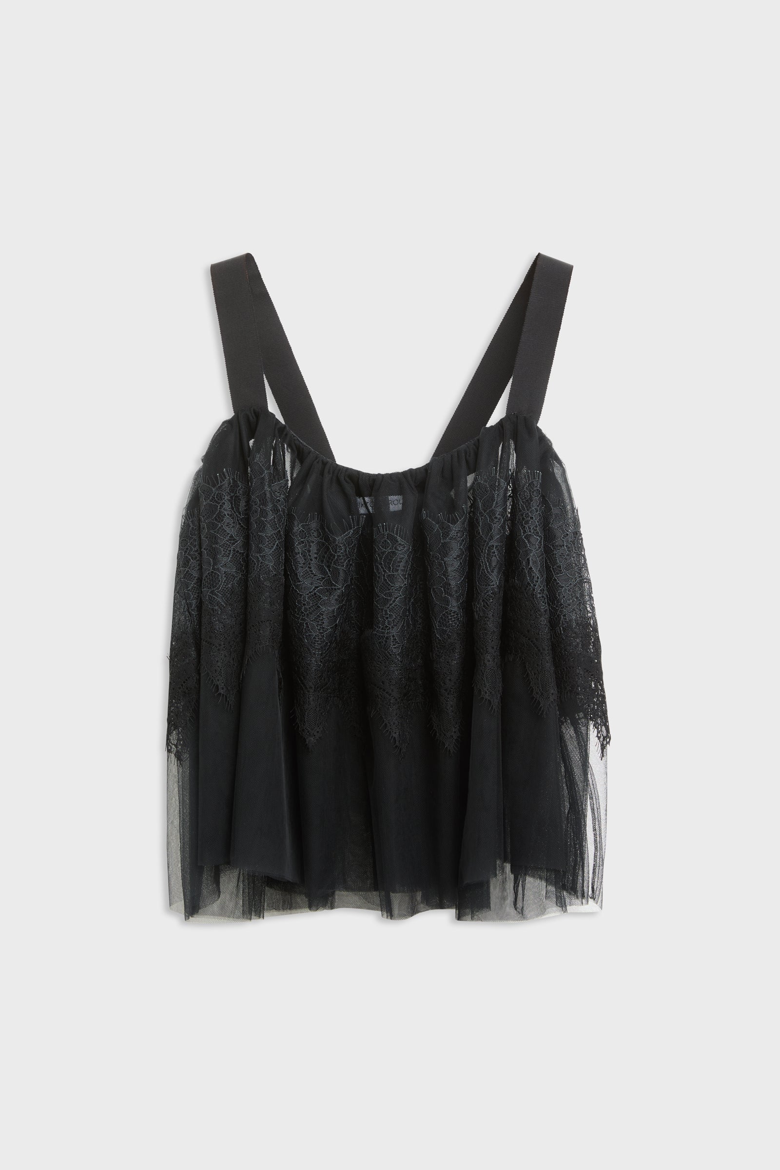 A black lace and tulle camisole top with wide shoulder straps, displayed flat against a light gray background.