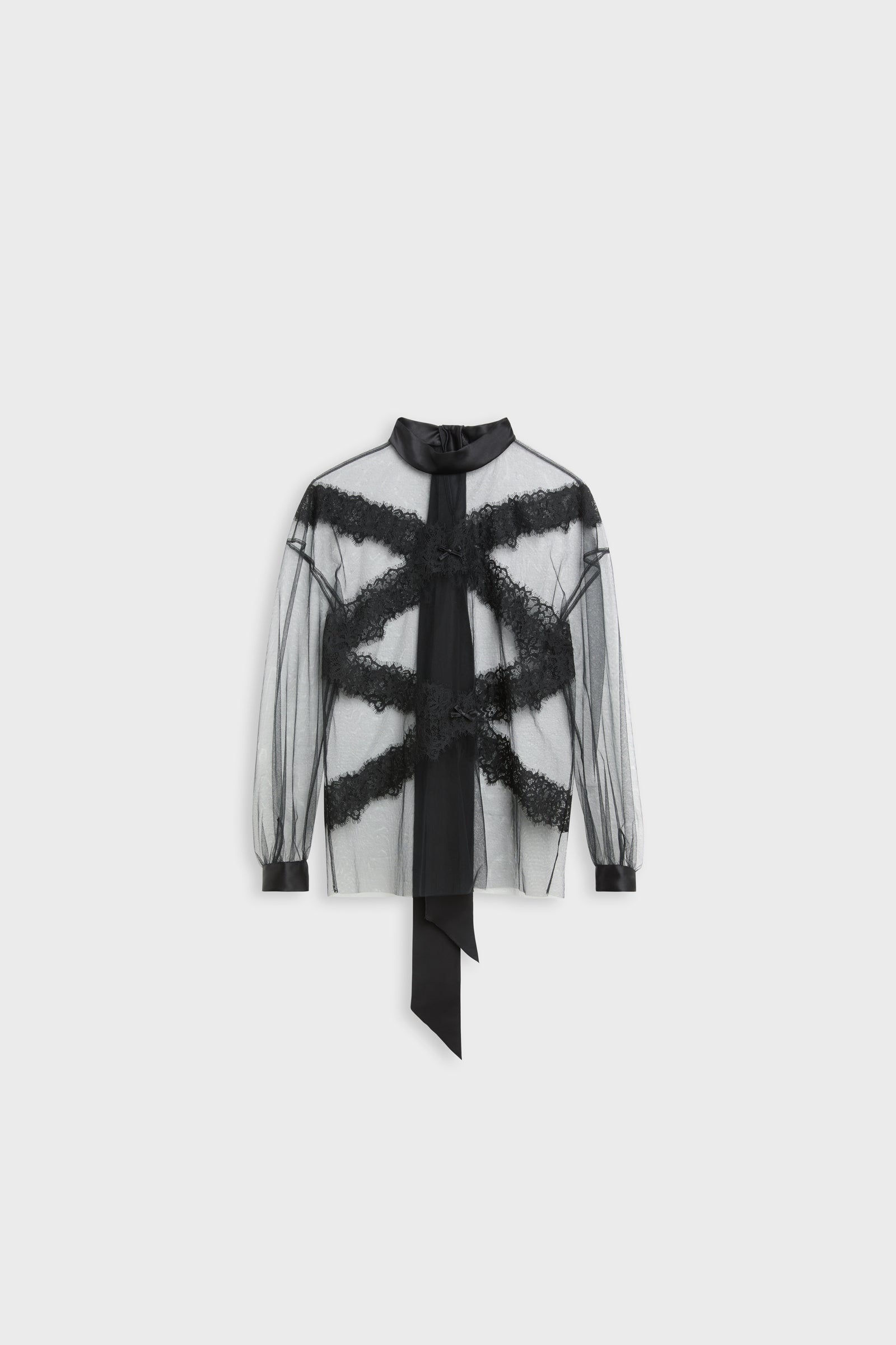 A sheer black mesh long-sleeve blouse with a high collar, featuring a black ribbon tie at the front and textured black lace-like bands across the chest and waist, displayed on a light gray background.