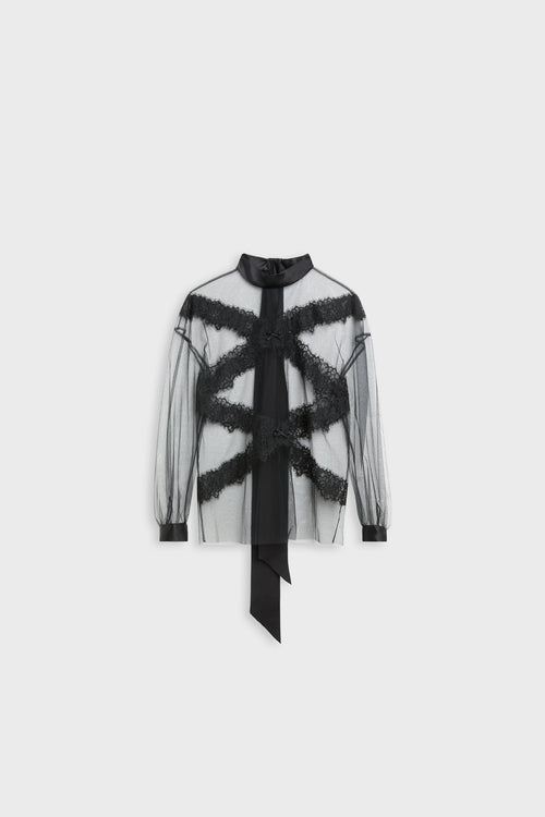 A sheer black mesh long-sleeve blouse with a high collar, featuring a black ribbon tie at the front and textured black lace-like bands across the chest and waist, displayed on a light gray background.
