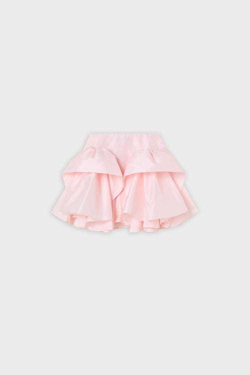 Pink ruffled skirt on a white background.