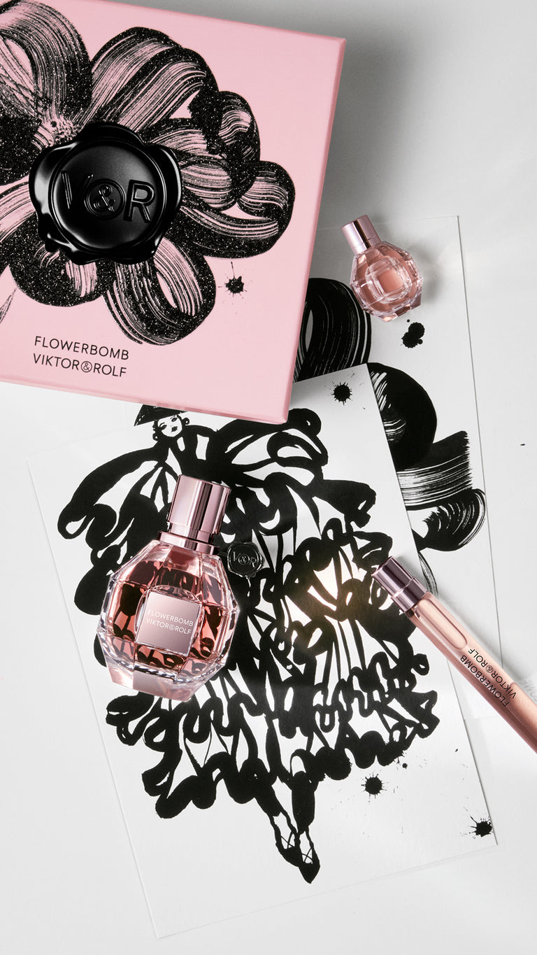 Viktor & Rolf Flowerbomb perfume bottle and packaging on a white background