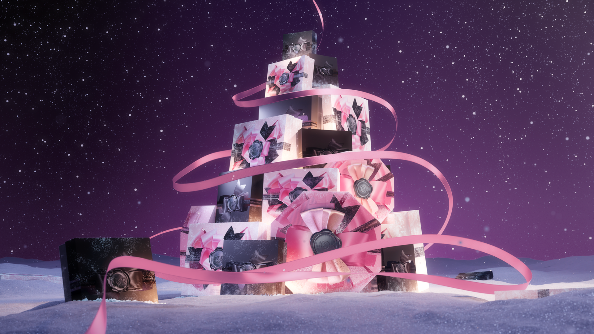 Decorative fragrance tower with pink ribbons against a starry night sky