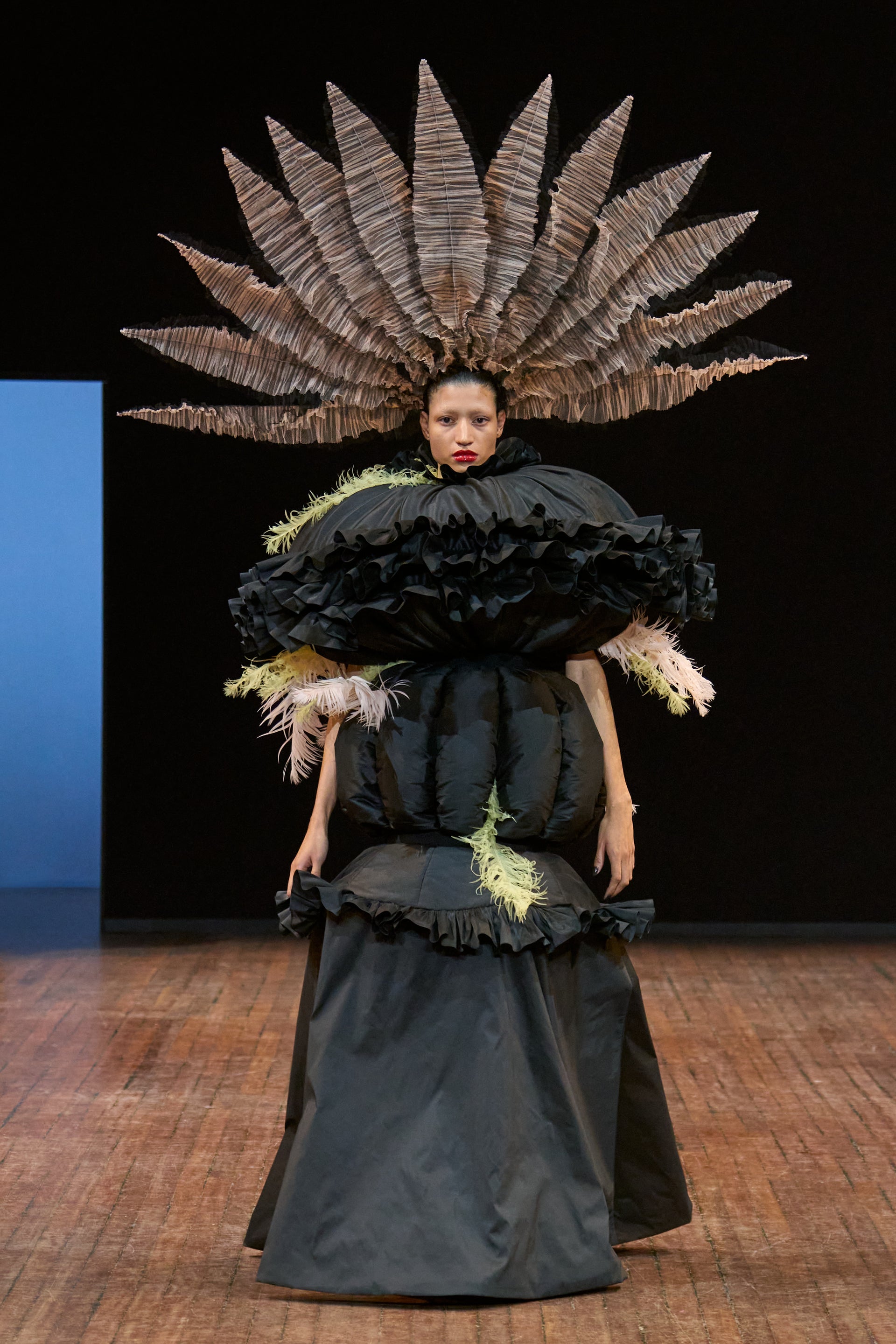 Viktor&Rolf Haute Couture Angry Birds show Autumn/Winter 2025, displaying one of the looks. The model is wearing a feather featured gown.