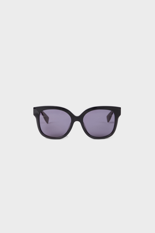 Black sunglasses with purple lenses on a white background