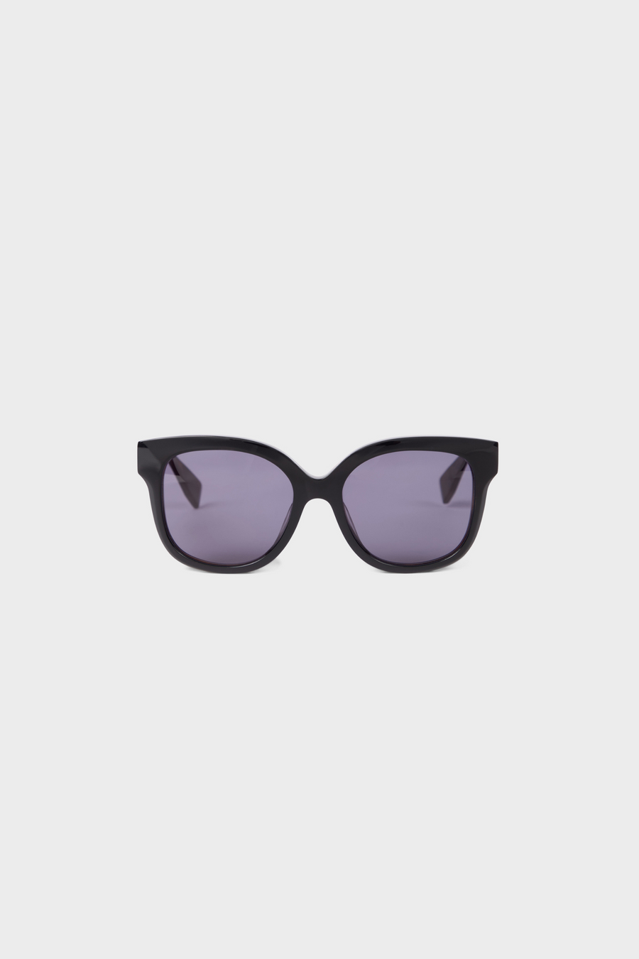 Black sunglasses with purple lenses on a white background