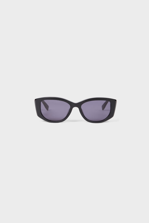 Semi-oval black sunglasses on a white background.