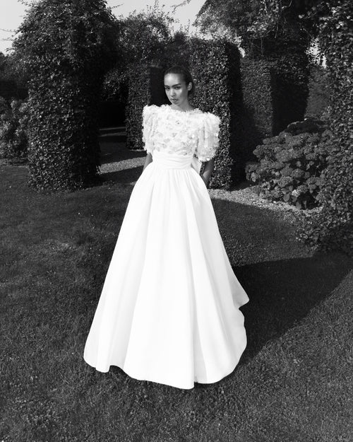 Viktor & Rolf Mariage Bridalwear Collection, Pailette floral gardens A-line gown, elegant embroidery, couture sophistication.