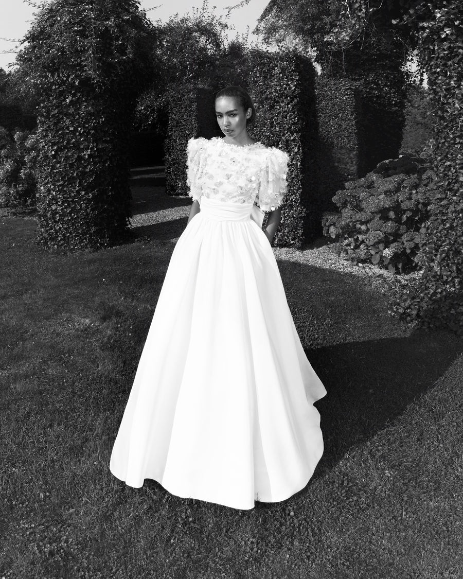 Viktor & Rolf Mariage Bridalwear Collection, Pailette floral gardens A-line gown, elegant embroidery, couture sophistication.