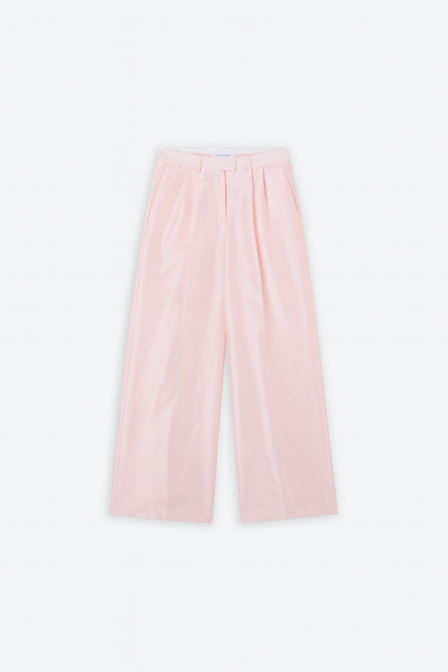Pink satin pants on a white background.