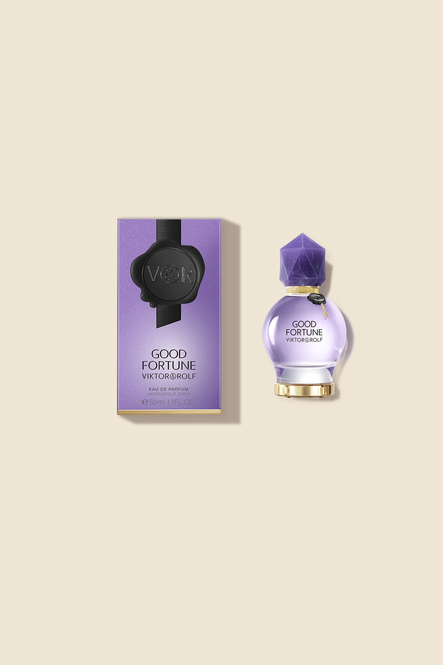 Vibrant purple bottle of Good Fortune Eau de Parfum for Women by Viktor & Rolf, with a gem-like cap and elegant branding.