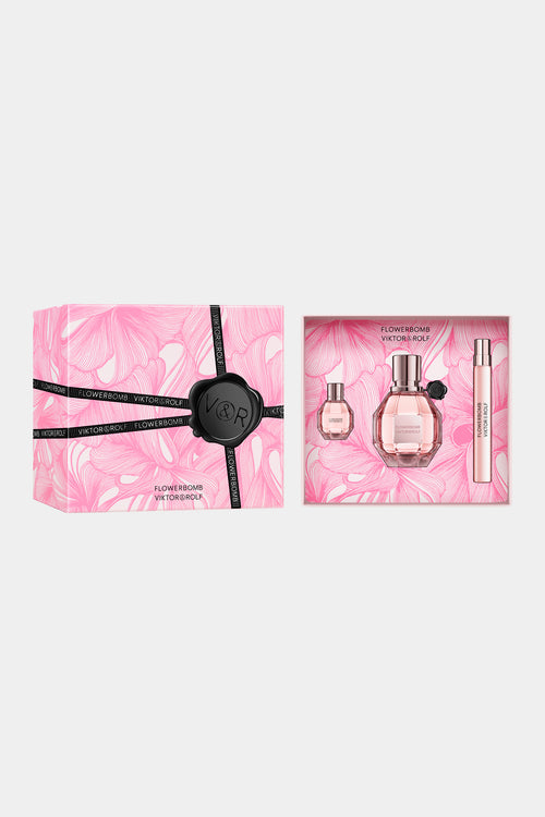 The Flowerbomb perfume trio gift set in a pink packaging on a white background.