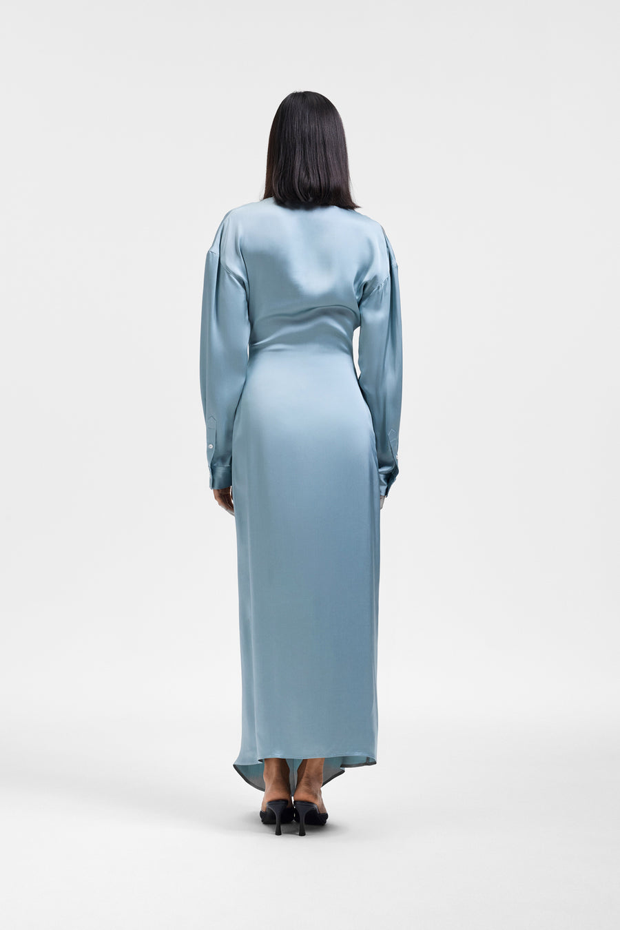 DRAGGED NECKLINE SATIN SHIRT DRESS