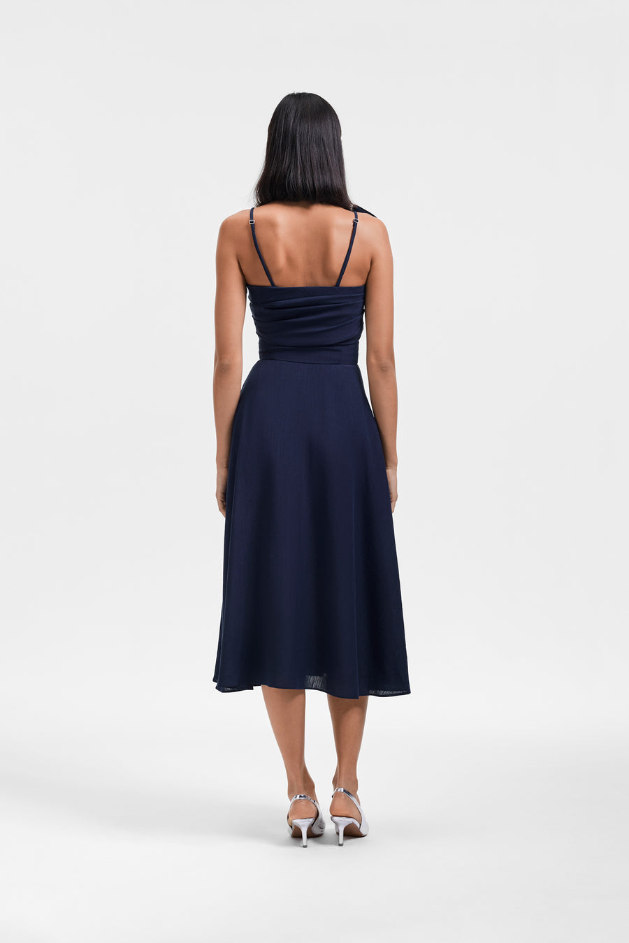 BOW DRAPE FLARE LINEN-SILK BLEND DRESS