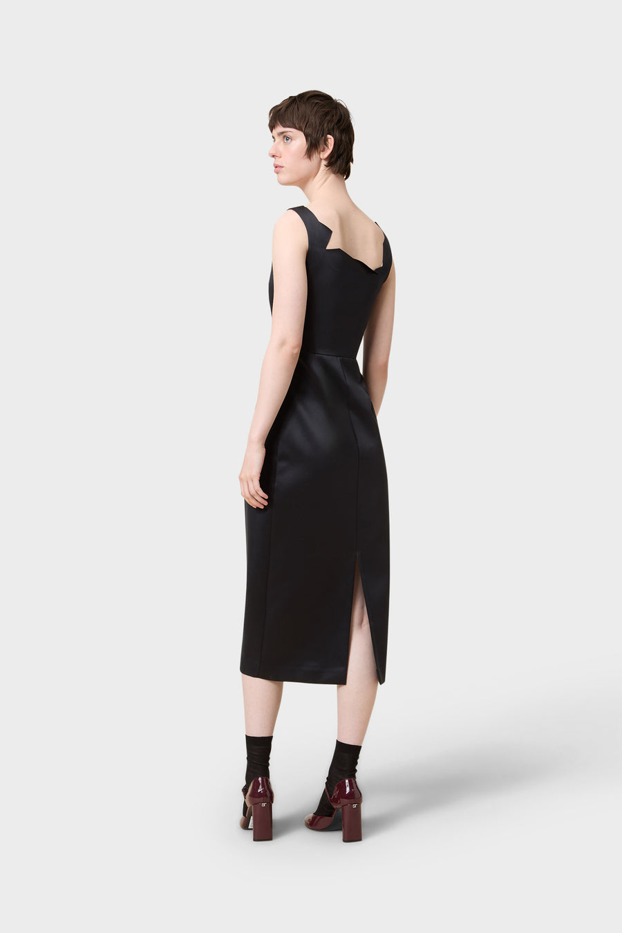NECK CUT SATIN MIDI DRESS