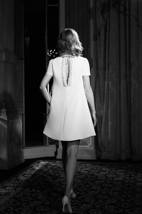 Viktor & Rolf Mariage Bridalwear Collection, Embroidered Shift Mini, chic design with intricate detailing and modern elegance.