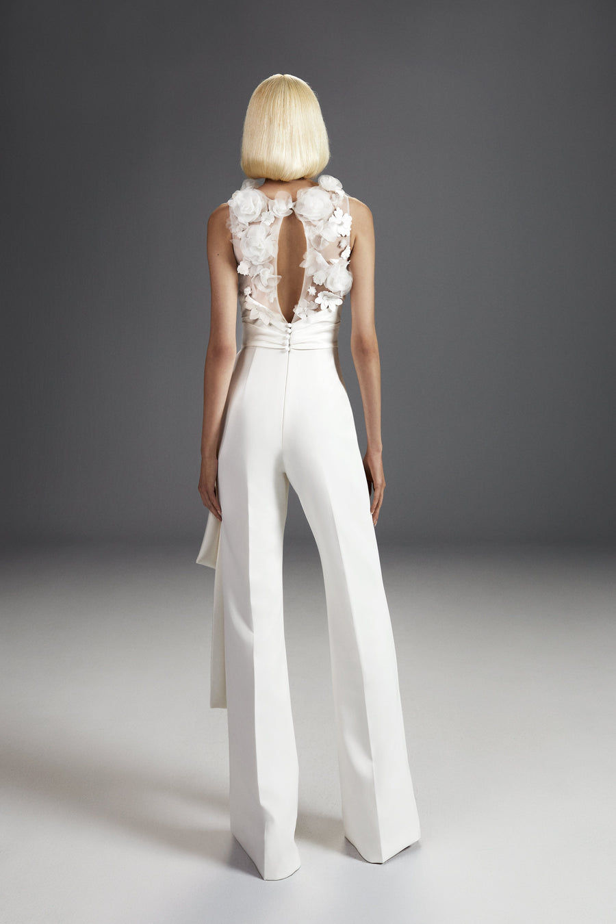 Viktor & Rolf Mariage Bridalwear Collection Fairytale Flowers Jumpsuit, elegant floral mesh detailing, couture design
