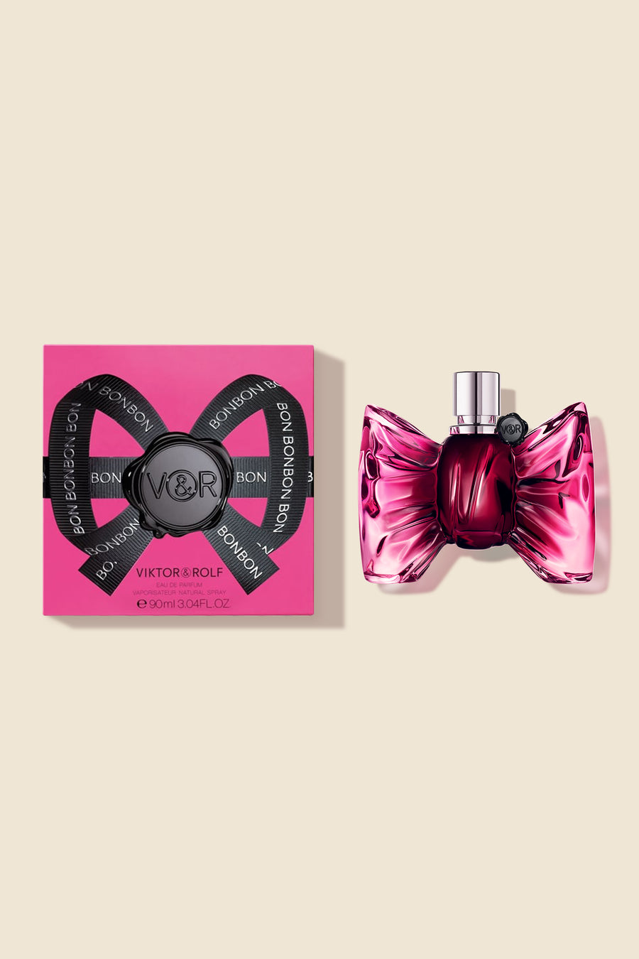 Bonbon Eau de Parfum gift set for women, featuring a pink bow-shaped bottle and matching box by Viktor & Rolf.