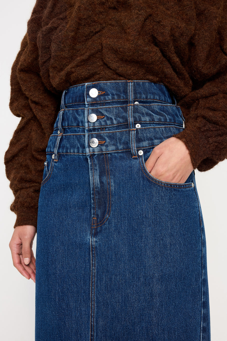MULTI-LAYERED LONG DENIM SKIRT
