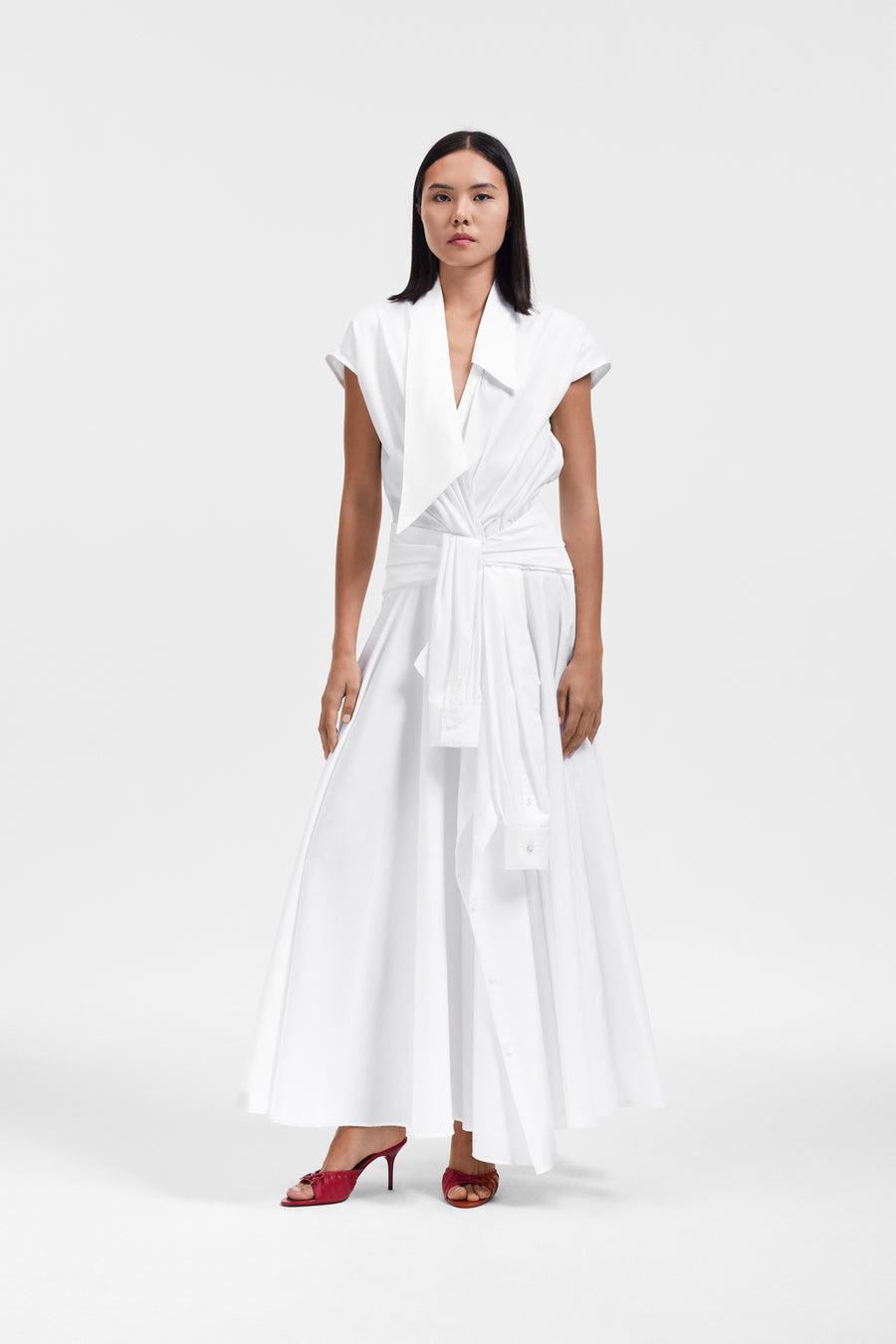 BOW DRAPE POPLIN WRAP DRESS