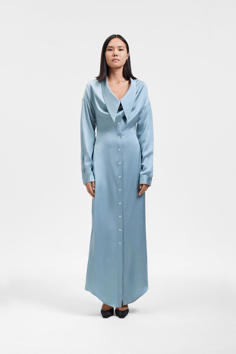 DRAGGED NECKLINE SATIN SHIRT DRESS