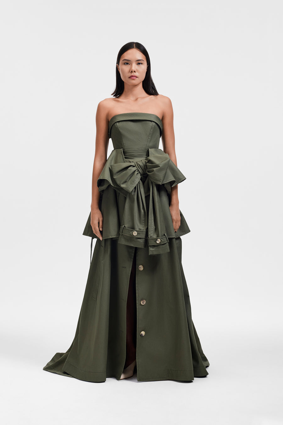 BOW DRAPE GABARDINE BALL GOWN