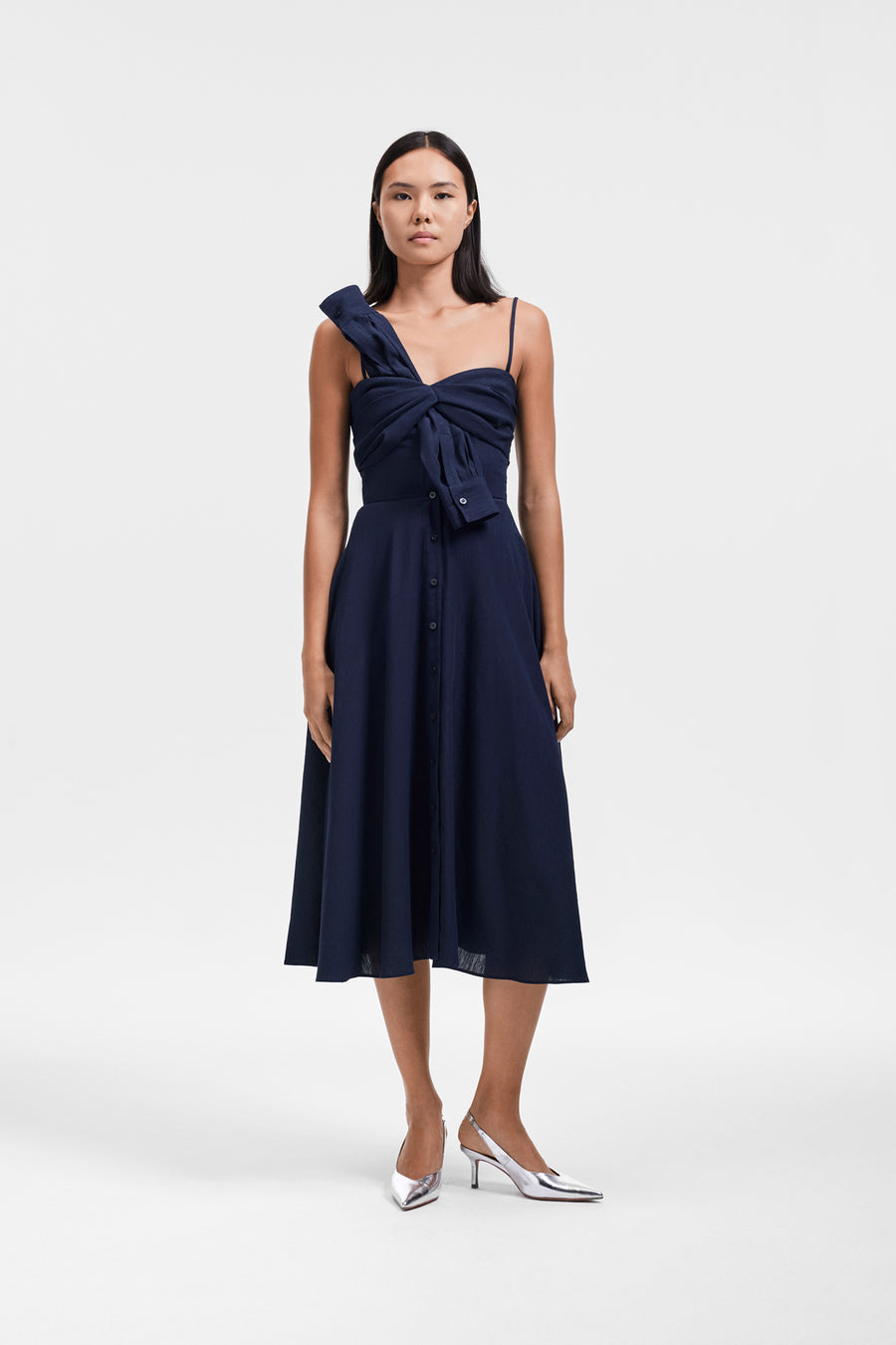 BOW DRAPE FLARE LINEN-SILK BLEND DRESS