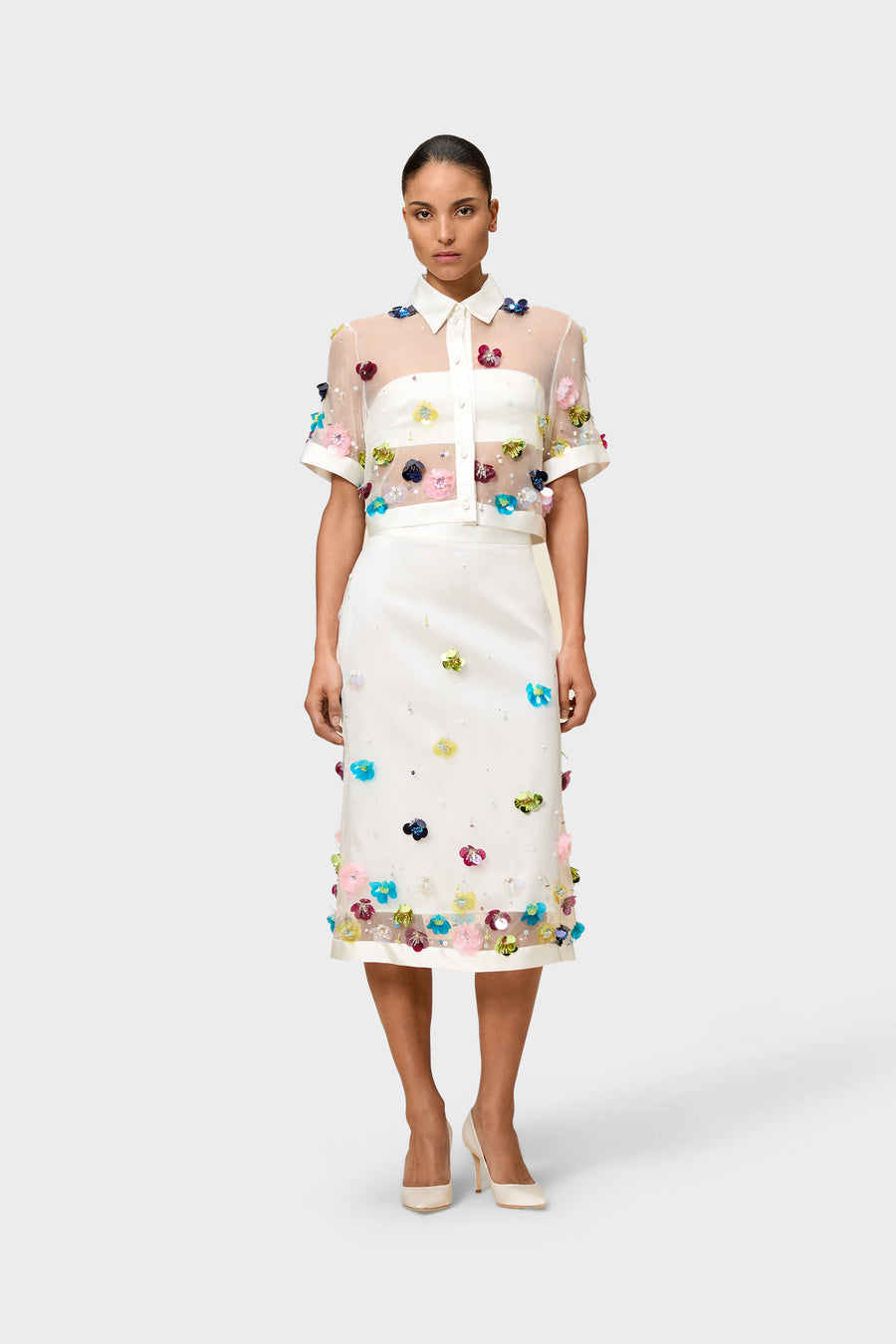 EMBROIDERY SILK MIDI SKIRT