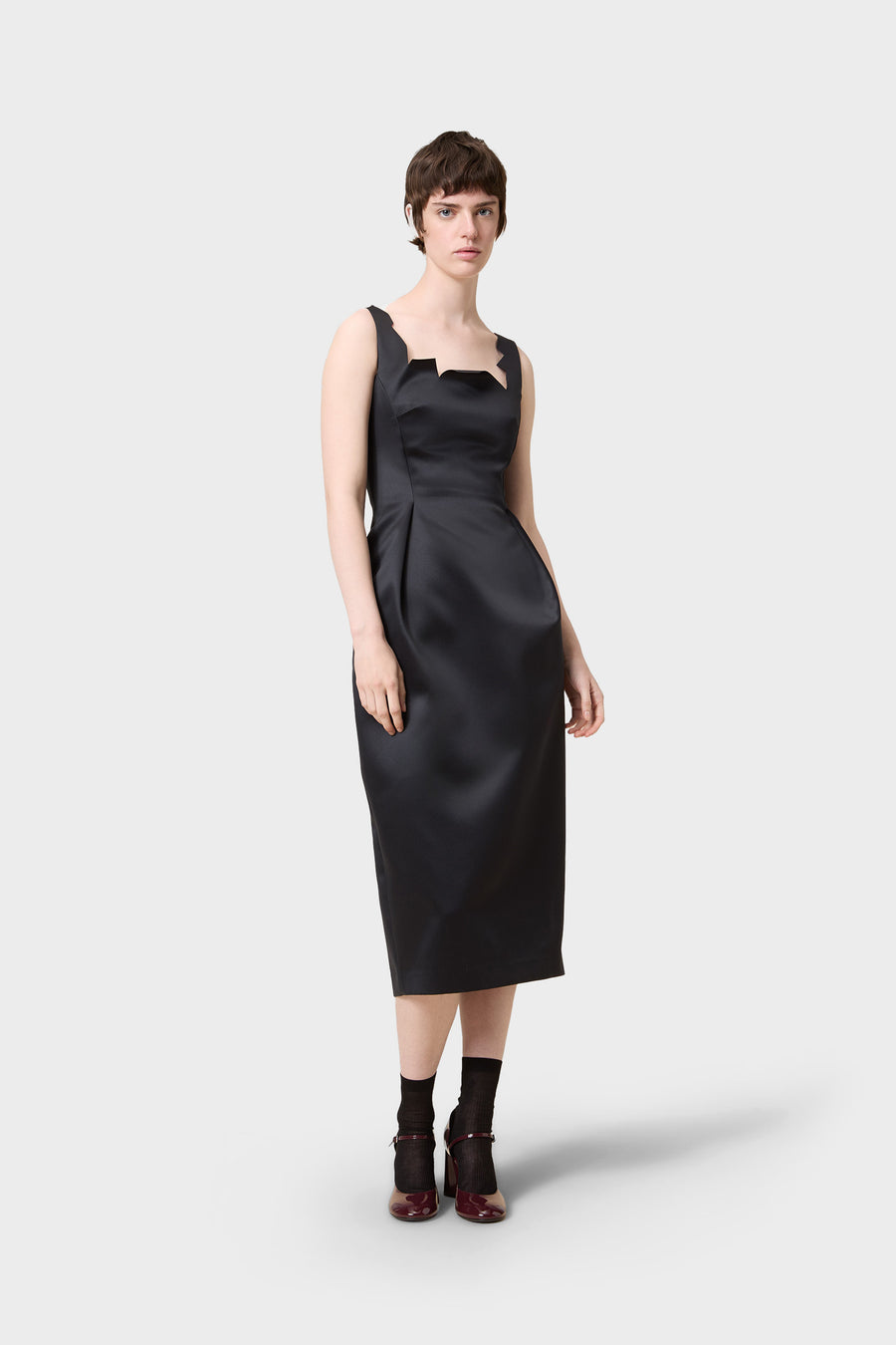 NECK CUT SATIN MIDI DRESS
