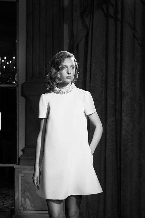Viktor & Rolf Mariage Bridalwear Collection, Embroidered Shift Mini dress, minimalist design with elegant detailing.