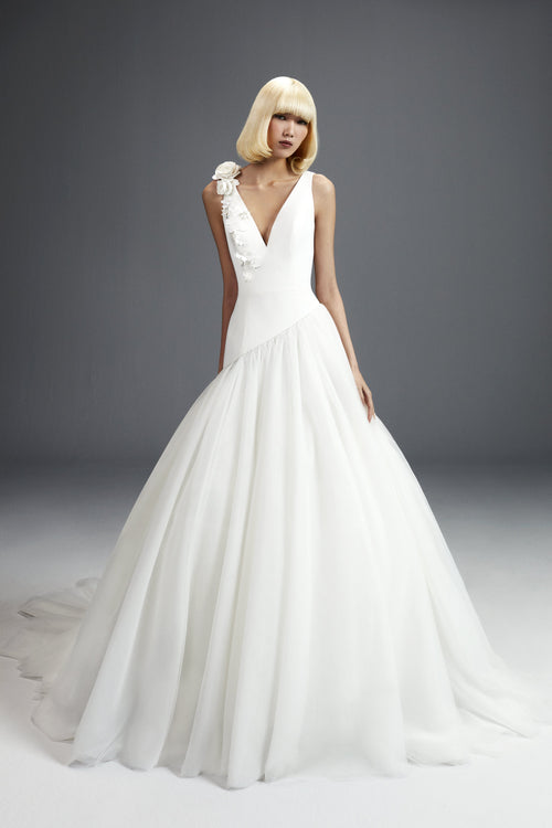 Viktor & Rolf Mariage Bridalwear Collection, Flower bouquet tulle gown with floral detail on shoulder, elegant design.