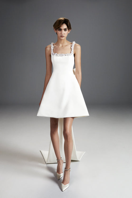 Viktor & Rolf Mariage Bridalwear Tales of Pearls Mini gown, chic A-line design with pearl embellished straps.