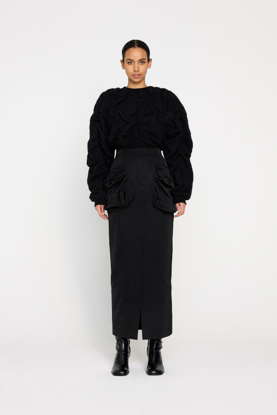 PLEATED POCKET MAXI PENCIL SKIRT