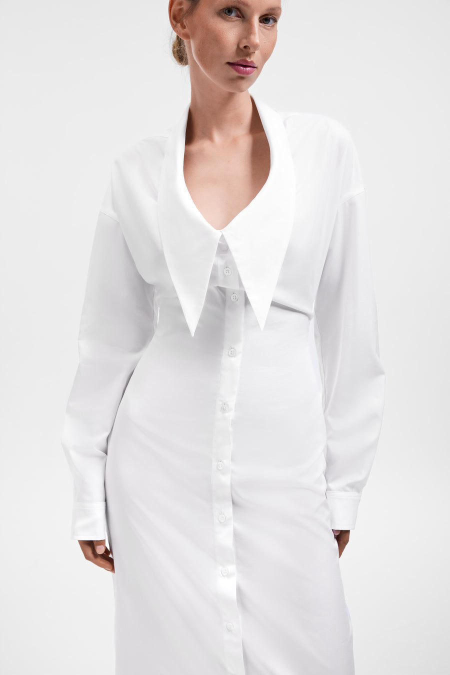 DRAGGED NECKLINE SATIN SHIRT DRESS