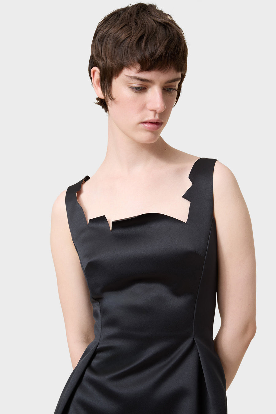 NECK CUT SATIN MIDI DRESS