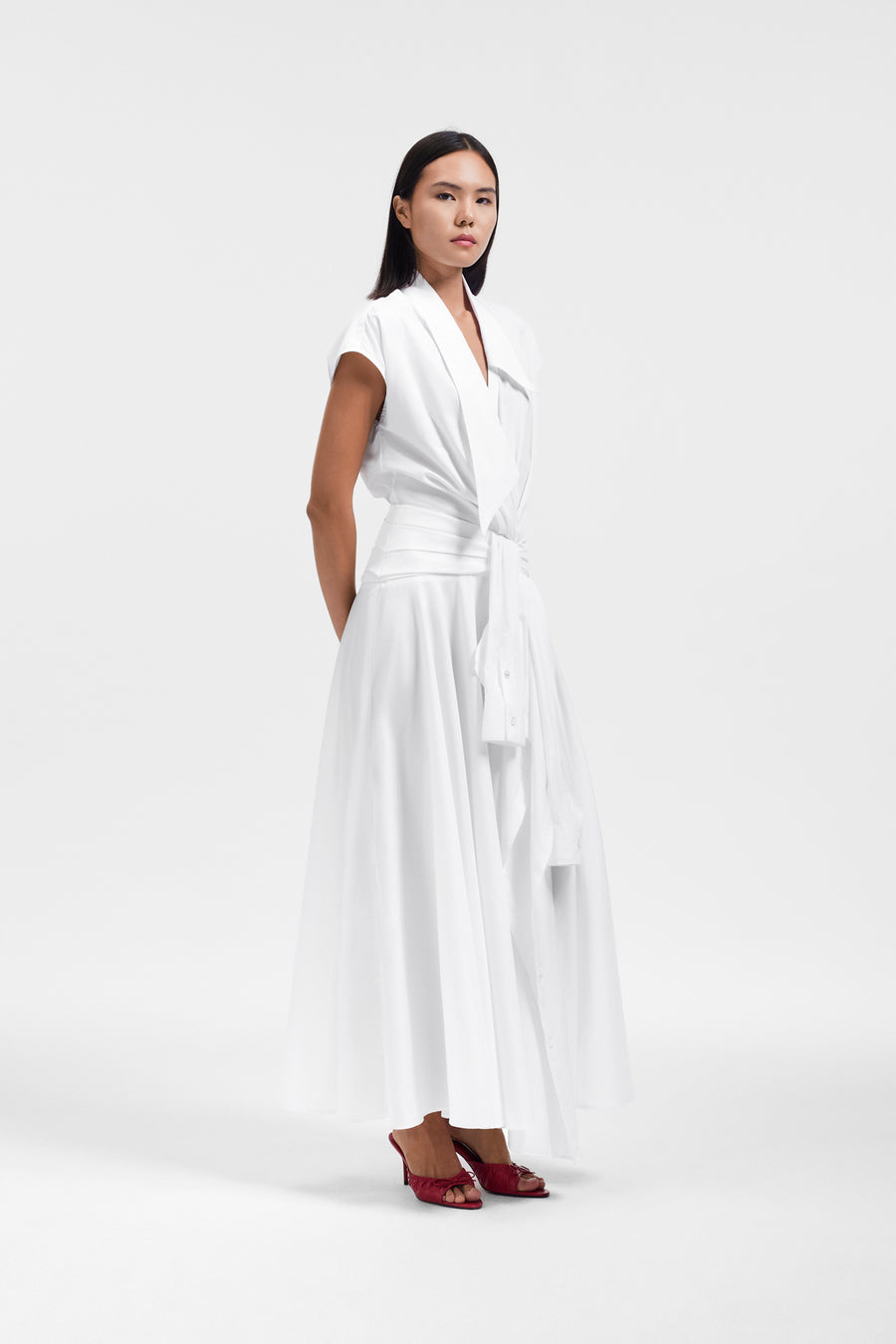 BOW DRAPE POPLIN WRAP DRESS