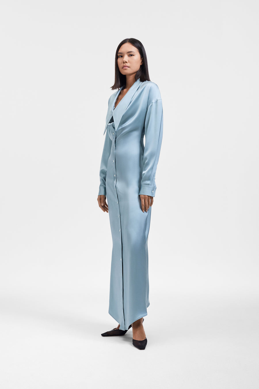 DRAGGED NECKLINE SATIN SHIRT DRESS