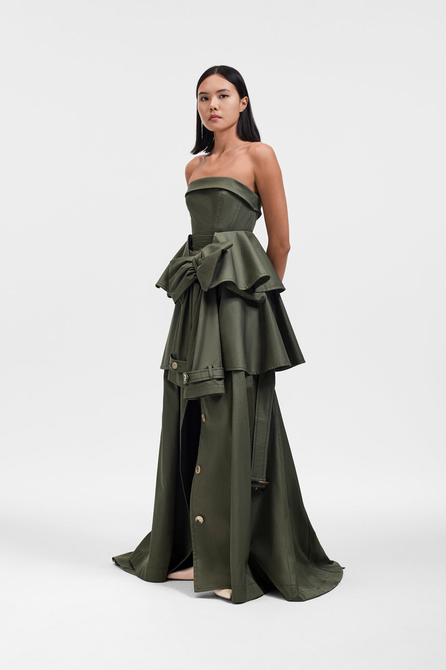 BOW DRAPE GABARDINE BALL GOWN