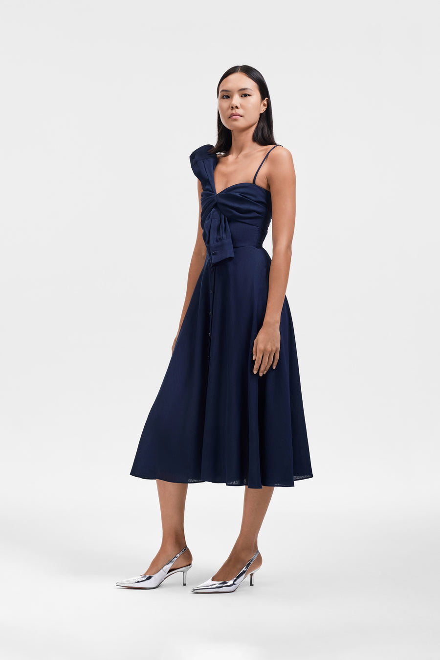 BOW DRAPE FLARE LINEN-SILK BLEND DRESS