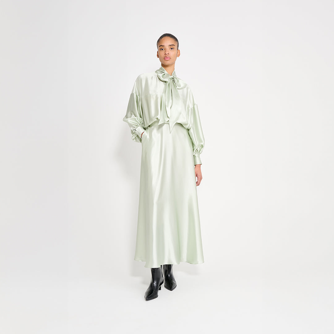 Viktor&Rolf Light Green Pussy Bow Circle Silk Long Dress