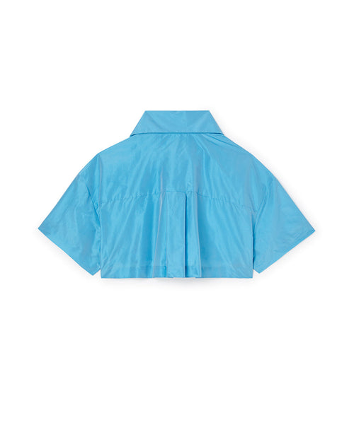 Sky blue short-sleeved collared shirt with back pleat design and lightweight fabric for summer fashion.