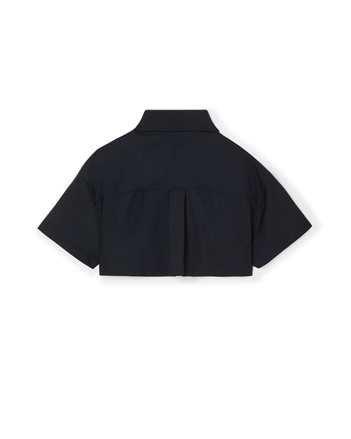 Back view of a black short-sleeve cropped jacket with a collar, featuring a sleek and minimalist design.