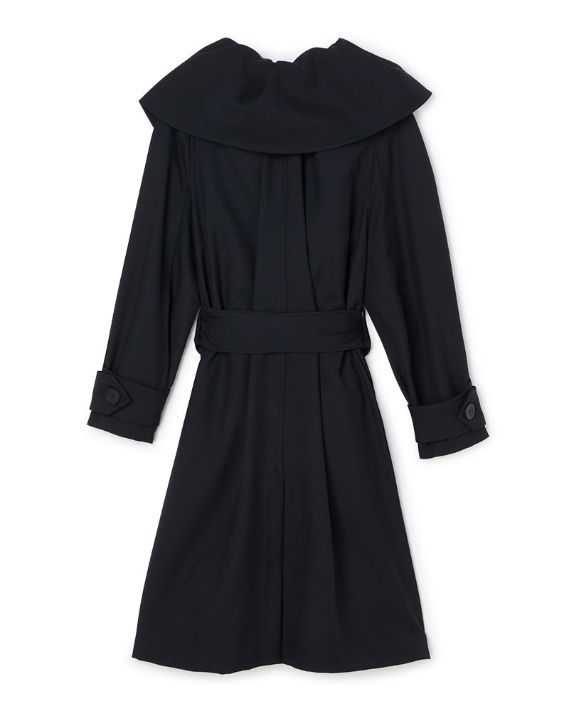 Elegant black trench coat with wide lapels and buttoned cuff details, featuring a belt cinching the waist for a tailored fit.