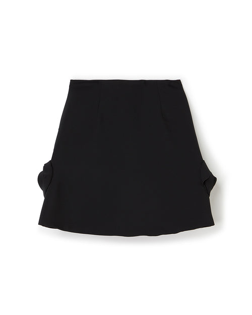 Elegant black high-waisted skirt with subtle pleats and side embellishments, crafted from smooth crepe fabric.