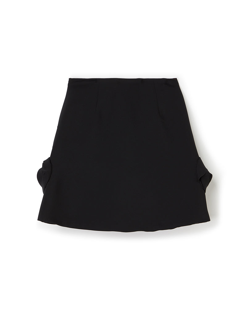 Elegant black high-waisted skirt with subtle pleats and side embellishments, crafted from smooth crepe fabric.