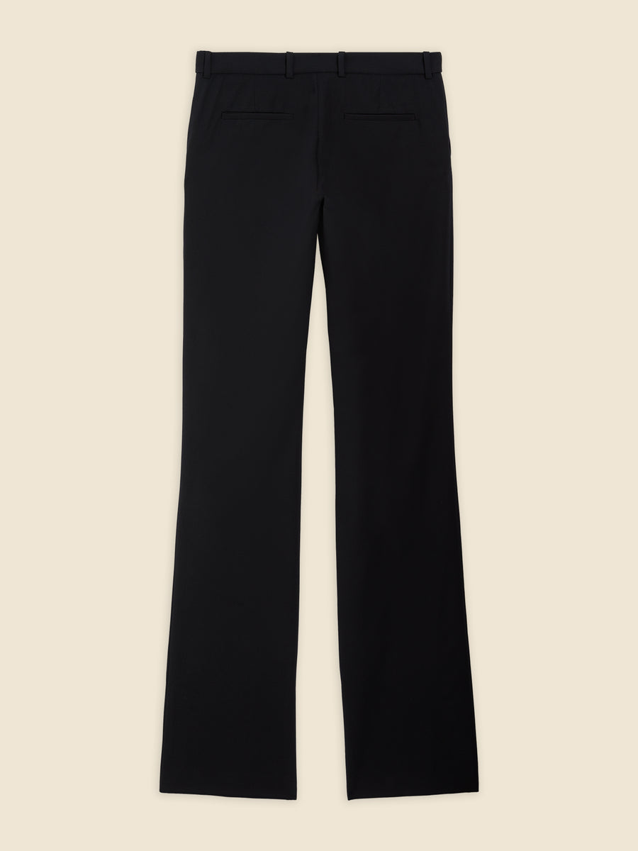 Black tailored trousers with a straight-leg design, featuring belt loops and back welt pockets, crafted from smooth fabric.
