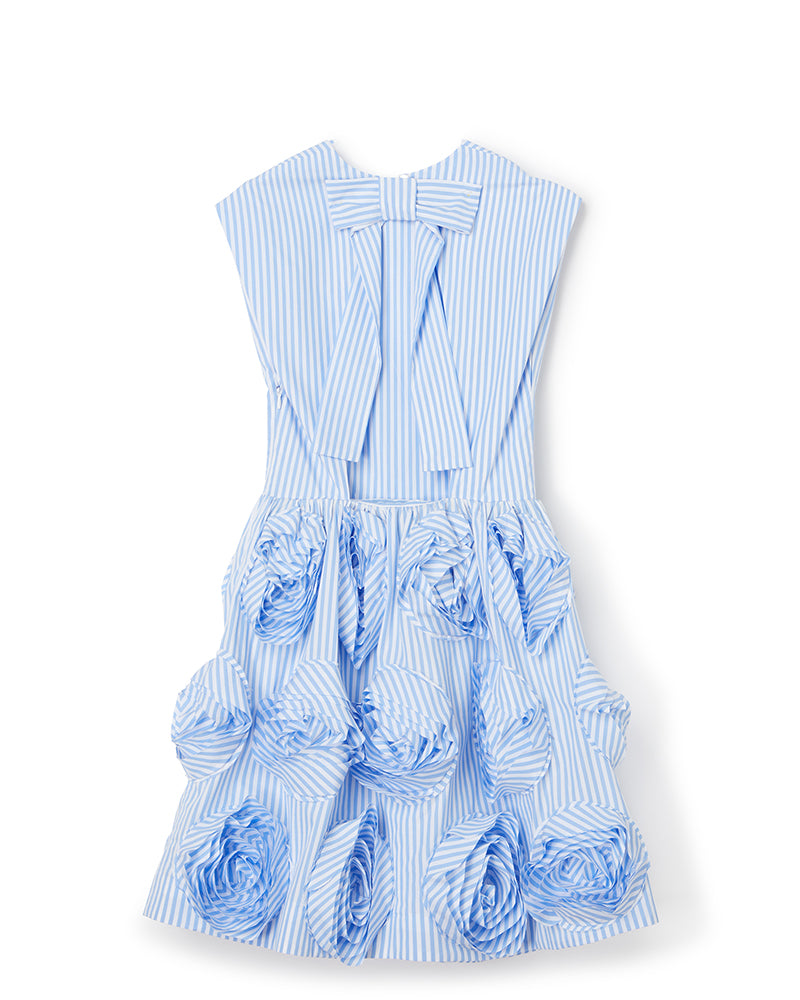Sleeveless dress with blue-white stripes, featuring large 3D floral details and a back bow, exuding a playful elegance.