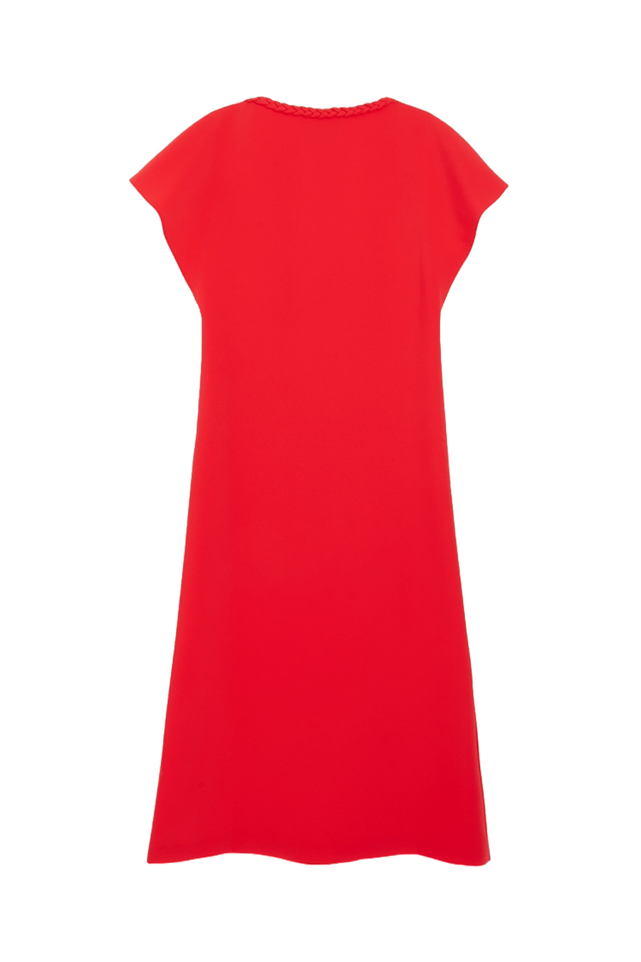A vibrant red dress with short sleeves and a braided neckline detailing, crafted from smooth, flowy fabric.